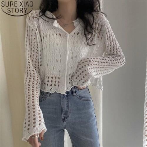 Korean Chic Sexy Hollow Out Knit Shirts Women Slim Fit Short Long Sleeve Outwear Pull Femme Spring New Cardigan Sueter 13483
