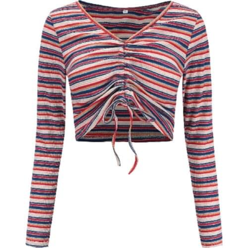 Special Offer Hot Sale Korean Crop Tops 2020 Spring Stripe vintage new women shirts Long sleeve sexy small V-neck Slim blouse