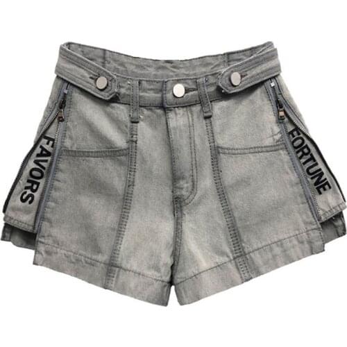 Denim shorts Internet celebrities zipper stiting letter print design cotton shorts female high waist wide leg denim shorts F1558
