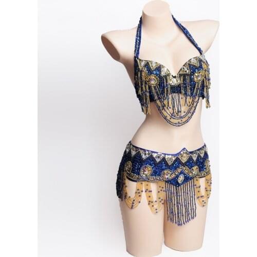 Women Professional 2pcs Outfit Oriental Dance Beads Costume Belly Dance Bra Belt Performance Set
