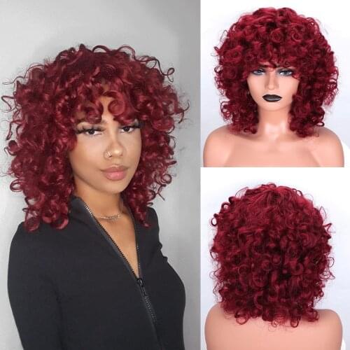 JUNSI 12inch Short Curly Synthetic Wig Natural Wigs Red wine Pink Yellow Orange American Woman Cosplay