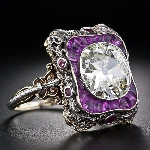 Punk Style Silver Jewelry Vintage Amethyst Ring Womens Large Round Gem Exaggerated Geometry Ring Party Womens Gift