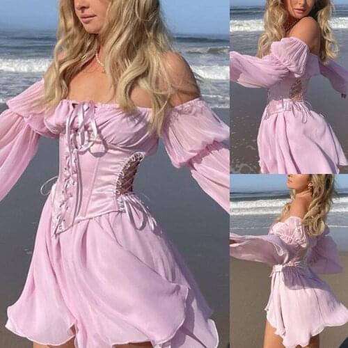 Pink Chiffon Dress Women Casual Dresses Summer Vaction Party with Long Flared Sleeves Hollow Waist Bandage Off-Shoulder