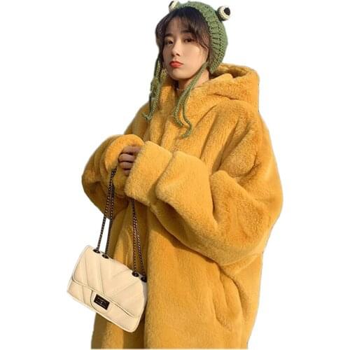 Winter Fur Coat Women Faux Mink Fluff Rabbit Fur Jacket Add Cotton Thicken Hooded Outerwear Loose Large Size Zipper Tops KW216