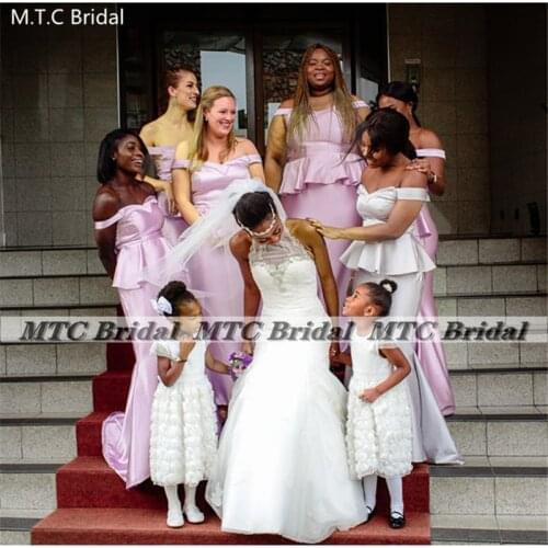 Off The Shoulder 2021 Pink Mermaid Bridesmaid Dresses Shiny Satin Corset Plus Size Maids Of Honor Party Gowns Wholesale