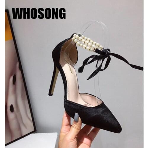 2021 Women Pumps Girls Bow Thin Heels Woman Pointed Toe Brand Shoes Ladies Pearl Shoes Female Black Shoes Pu Leather Sexy Shoes