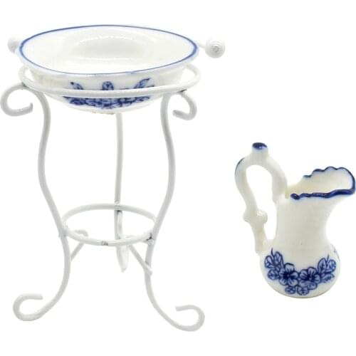 1:12 Scale Dollhouse Accessories Mini Ceramic Water Pot Washbasin with Rack