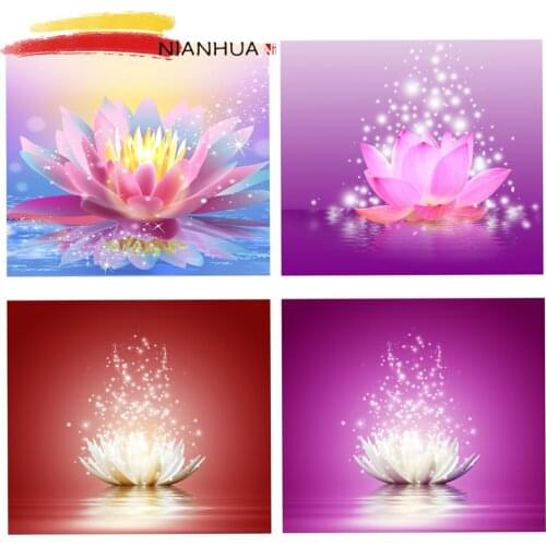 NIANHUA Square Diamond Embroidered Landscape Drawing 5D DIY Round Cross Stitch Lotus Art Kit Fireworks Home Decoration