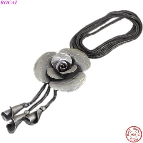 BOCAI S925 sterling silver necklace retro simple temperament fish scale pattern flower sweater chain female Chopin necklace