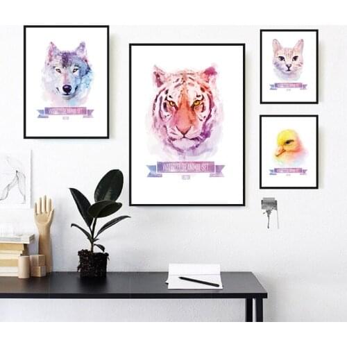 Canvas Painting Dog Wolf Tiger Animals Watercolor Wall Art Print Posters Modern Cartoon For Kids Room Home Decoration Background