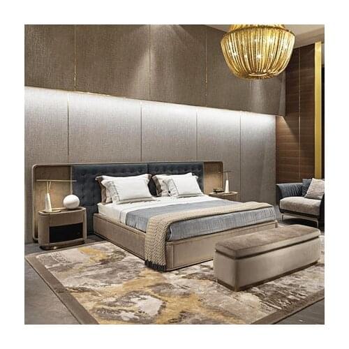 Chinese Minimalist modern style metal solid wooden double bed with round brown nightstands high quality bed sets for adult