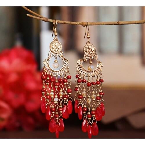 Classic Bohemia Womens Red Crystal Beads Long Tassel Earrings Hangers Vintage Gold Alloy Fashion Jewelry Wedding Earrings
