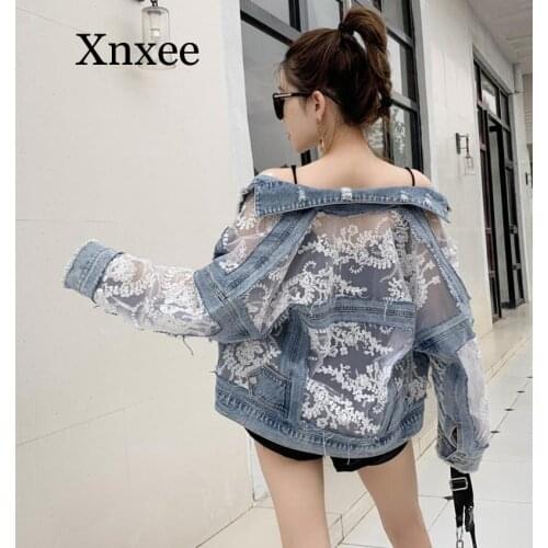 Denim JacketSummer Long Sleeve Large Size Jeans Jackets Womens Coat Loose Lace Stitching Perspective Top Jacket Ladies Lace