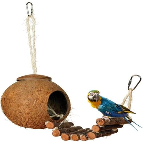 Coconut Shell Birds Nest Hammock Wooden Bird Ladder Swing Toy Parrot Cage Bridge Toys Pet Parakeet Cockatrice