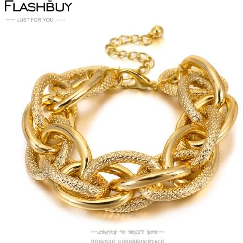 Flashbuy New Design Chunky Cuban Thick Twisted Heavy Alloy Metal Chain Bracelets for Women Male Statement Fashion Jewelry