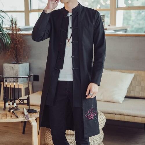 Chinese Style Mens Clothing Medium Length Windbreaker Cotton Hemp Coil Buckle Retro National Coat Plum Blossom Pine Embroidery