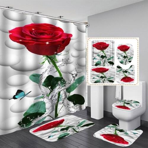 3D Bright RoseButterfly Pattern Bathroom Set Shower Curtain Non-slip Cushion Toilet Cushion U-shaped Cushion Bathroom Essential