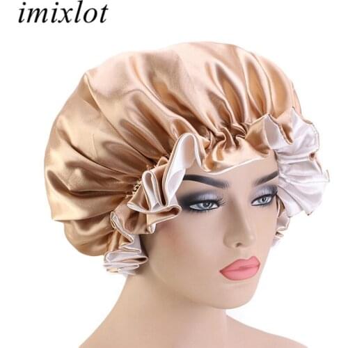 Imixlot Newest Women Double Layer Satin Bonnet Cap Extra Large Size Adjust Sleep Night Caps Head Cover Hat Accessories