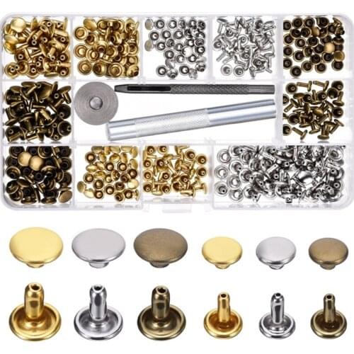 New 180 Set Leather Rivets Double Cap Rivet Tubular Metal Studs with 3 Pieces Fixing Tool for DIY Leather Craft Rivets Replaceme