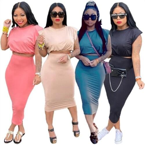 Pure Color Two Piece Sexy Sleeveless Fashion Shoulder Pad T Shirt All Match Casual One Step Skirt Set Womens Clothing Wholesale