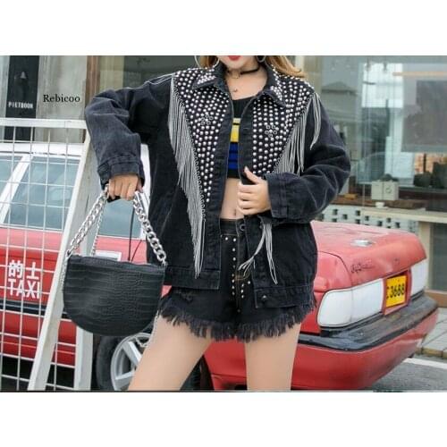 Autumn Streetwear Denim Jacket Women Hand-studded Rivet Tassel Chain Short Jeans Jacket Loose Black Coats