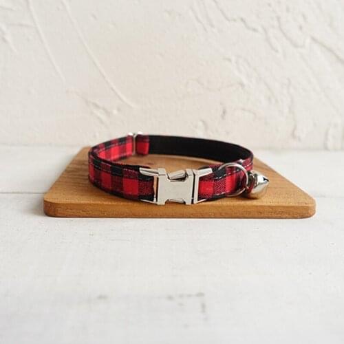 Pet Small Dog Collar THE RED BLACK PLAID Adjustable Cat Nameplate ID 2 Sizes Poly Satin And Nylon Cat Collar Sash Small Bell