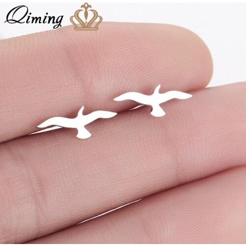 QIMING Gold Tiny Seagull Bird Earrings Women Female Flying Bird Studs Ear Solid Gold Animal Jewelry Dainty Gift For Her Earring