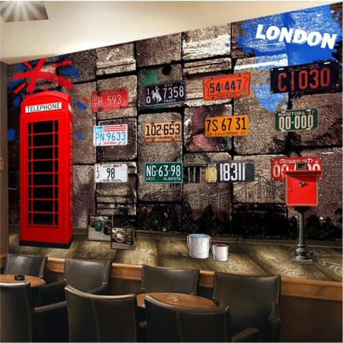 British Style Retro Nostalgic Red Phone Booth License Plate Number Background Mural Wallpaper Bar Restaurant Cafe Wall Paper 3D