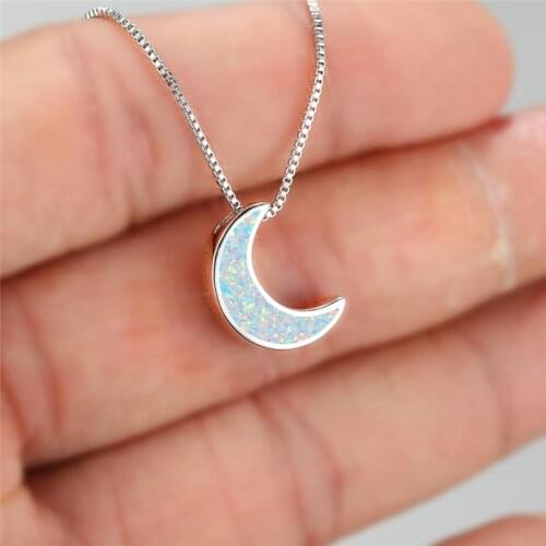 Luxury Lady White Blue Opal Pendant Necklace Dainty Moon Bride Wedding Necklace Rose Gold Silver Color Chain Necklaces For Women