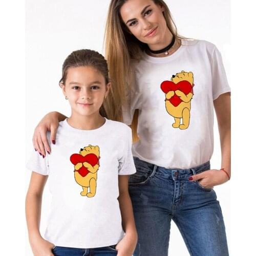 Family Matching Outfits Summer White O-neck Winnie The Pooh Printed Cute Cartoon Girl Boys Tshirts Family Look Outfits