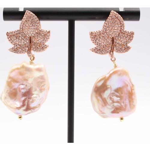 Natural Lavender Keshi Pearl CZ Paved Rose Gold Flower Stud Earrings CZ Fitting Handmade For Women