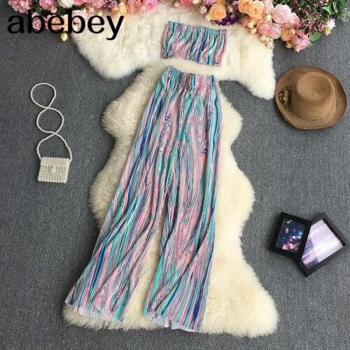2021 New Summer Fashion sleeveless short print strapless Top + high waist casual print wide leg pants two piece set
