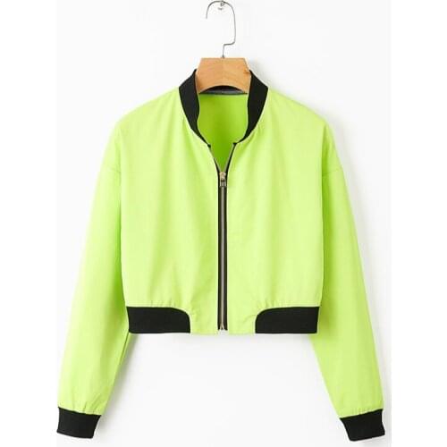 Womens suit 2019 summer new casual fashion fluorescent green stand collar zipper slim wild jacket jacket womens clothing