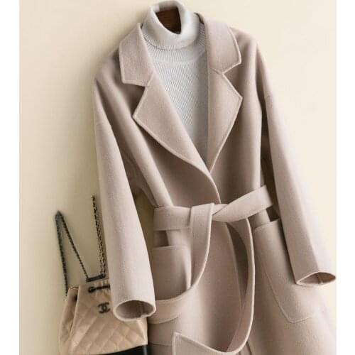 Women Cashmere Long Coat Elegant Turn Down Collar Wool Coat with Belt Open Stitch Design Winter Warm Coat Casaco Feminino Y488