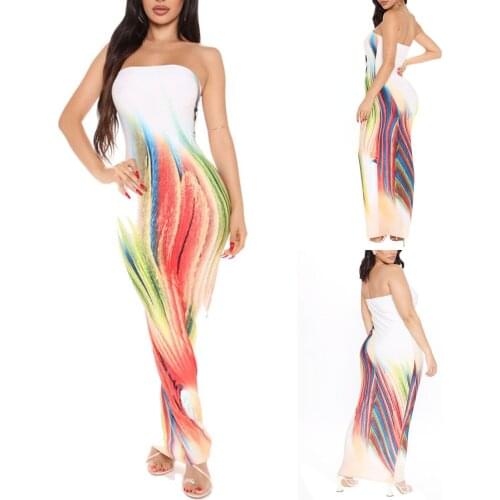 2021 Womens Bodycon Tube Dress, Trendy Sleeveless Strapless Abstract Print Long Club Dress