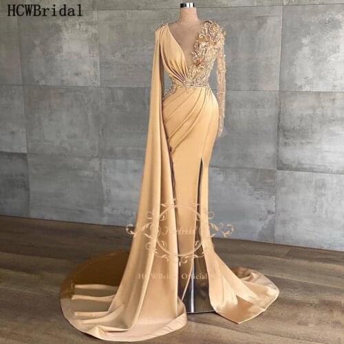 New Mermaid Arabic Evening Dress With Cape Crystals Feathers Long Sleeves Formal Dresses For Women Wedding Party Prom Gowns