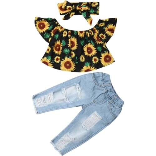 Toddler Kids Baby Girl Off Shoulder Crop Top Denim Jeans Pants Headband 3Pcs Children Summer Outfit Clothes Sunsuit Set