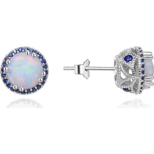 Beritafon 925 Sterling Silver Round Shape Opal Stud Earrings with CZ Gift for Women or Girls