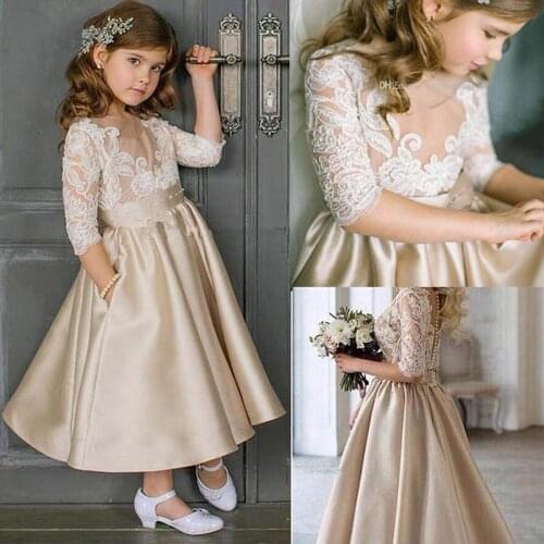 Champagne Kids Formal Dress Flower Girls Dresses For Weddings Half Sleeves Satin Ankle Length Girls Pageant Gown