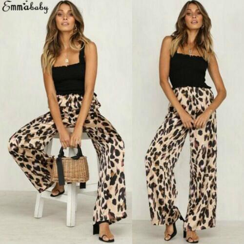 Fashion Lady Silk High Waist Sexy Wide Leg Pants Summer Womens Soft Leopard Print Long Palazzo Loose Trousers Nightclub Pants