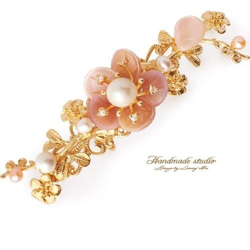 CCijiNG Handmade Flower Brooches for Women Pearls Branch Pink Crystal Brooch fine Jewelry Gift XZ3011
