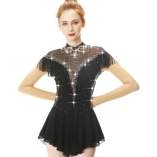 Black Long Sleeve Tassels Crystal Diamond Bow Figure Skating Dress Skating Skirt Womens and girls