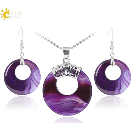 CSJA Jewellery Sets for Women Natural Hollow Round Gem Stone Onyx Unakite Purple Crystal Opal Earrings Necklaces Healing E568