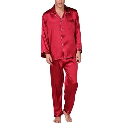 Men Pajama Sets Summer Imitation Silk Pajama Set Shirt Pants Home Gown Sleepwear Nightwear 2021 Mens Sleep