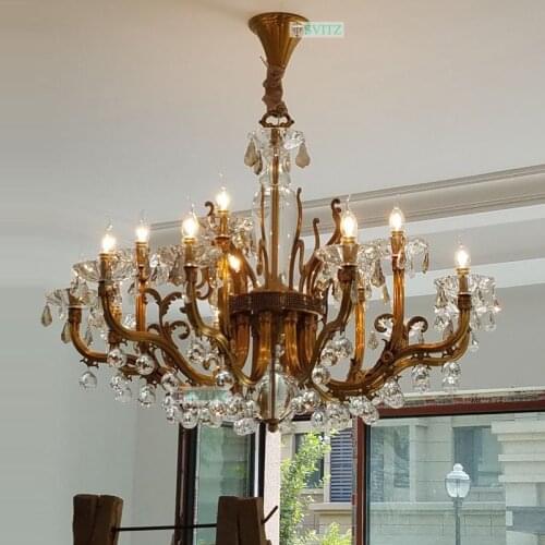 European Crystal Chandelier All Copper Chandeliers Living Room Candle Led Lamps Restaurant Pure gold Luxury Copper Lamp