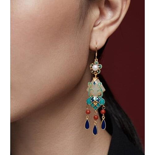 Exquisite Enamel Tassels Drop Earrings China Retro Palace Style Luxury Matte Gold Jewelry For Women Party Unique Geometry Gift
