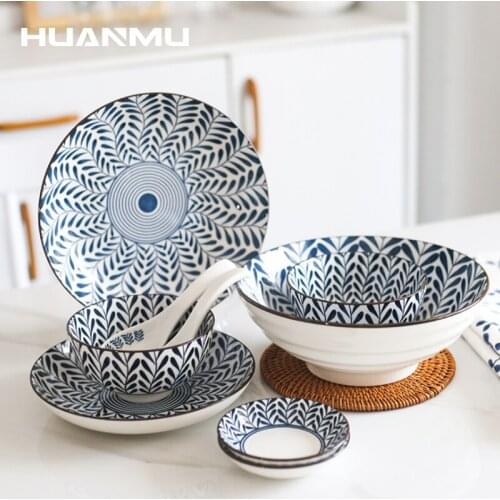 Ceramic Instant Noodle Bowl Japanese Style Underglaze Ramen Bowl Dish Plate Set Combination Soup Bowl Home Restaurant Tableware