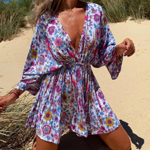 Khalee Yose Floral Printed Boho Mini Dress Loose Summer Holiday Women Dresses Ruffles Oversized Casual Chic Ladies Female Dress