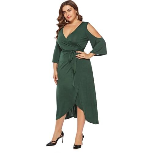 Cocktail Dresses Plus Size Short-Sleeved Slits V-Neck Solid Color Elegant Irregular Calf Length High Waist Green Casual Party