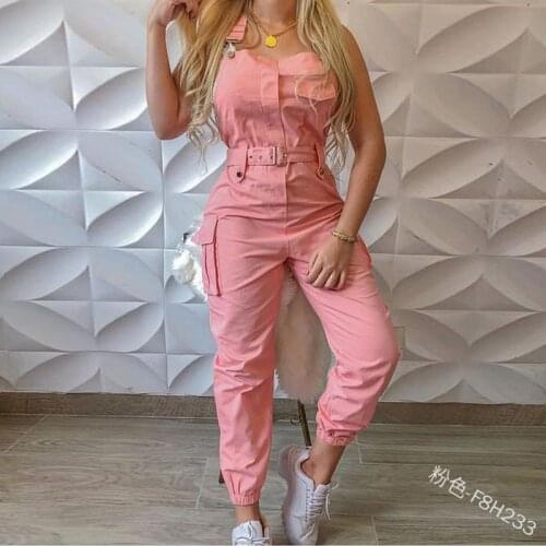 Jumpsuits Women Casual Cargo Playsuit Sleeveless O Neck Jumpsuit With Pocket and Belt Elegant Pencil Pants Loose Overalls